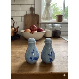 Vintage Oriental Blue on Gray Stoneware Salt & Pepper Shakers Farmhouse Speckled